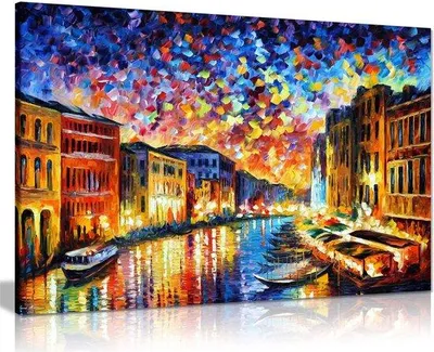Imagen del producto de Ibenzoa®: Cuadro abstracto al óleo sobre lienzo, "Gran Canal de Venecia", con marco de madera maciza de pino de 18 mm, resistente a los rayos UV, dimensiones: 91 x 61 cm