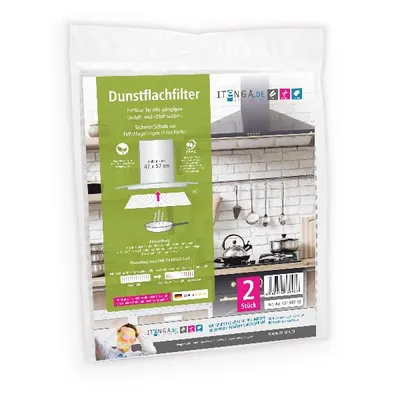 A product package for kitchen grease filters, showing a kitchen scene and product details.