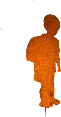 A silhouette of a child made of rusted metal.