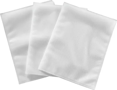 Three white vacuum seal bags are arranged in a fanned out formation on a white background.