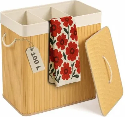 Immagine prodotto di Cesto portabiancheria in bambù a tre scomparti, beige, 100 litri