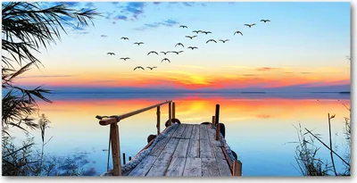 Produktbild von Tulup Glas-Bild -140x70- Wandkunst Dekorative Wand für Küche & Wohnzimmer - Landschaften - Pier am See - Orange