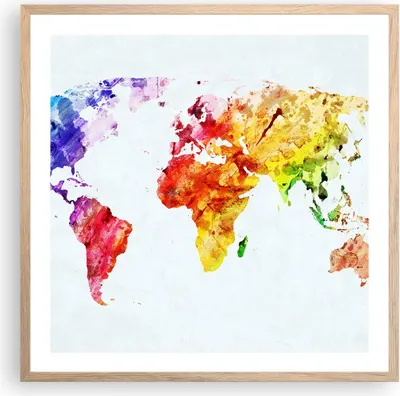 Produktbild von Gerahmtes Poster - Rahmen in heller Eiche - Welt Karte Bunt Kontinente - 60x60 cm - Wand Bild - Wanddeko - Wandbilder - Wandposter - Bilderrahmen - Bilder - Kunstdruck - Wandbild - P2NAC60x60-2799