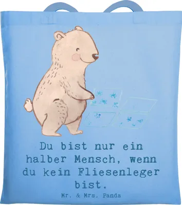 Produktbild von Mr. & Mrs. Panda Tote Bag Fliesenleger Herz - Sky Blue - Geschenk, Lustig, Stoffbeutel, Handwerk, Laptoptasche, Beruf, Spruch, Jutebeutel, Einkaufstasche, Tasche