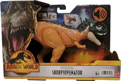 Obrázok produktu pre Mattel HDX37 Jurassic World Dominion Scorpiovenator Roar Strikers so zvukom, dinosaurus s revom, oranžovo šedá, akčná figúrka dinosaura