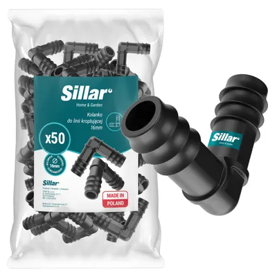 Obrázek produktu pro Spojka Sillar 16 mm – 50 ks L-kusů pro kapkovou závlahu, spojka hadic 90°, zavlažovací systém