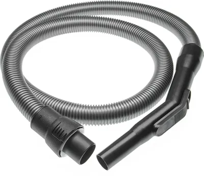 A flexible, ribbed hose with a black plastic nozzle at one end and a black connector at the other, shown coiled on a white background.