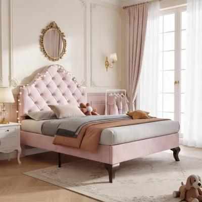 Productafbeelding van Boxspringbed 90 x 200 cm met verstelbaar hoofdeinde, houten lattenbodem, 20 cm hoge poten, fluwele bekleding, geschikt tot 150 kg, roze