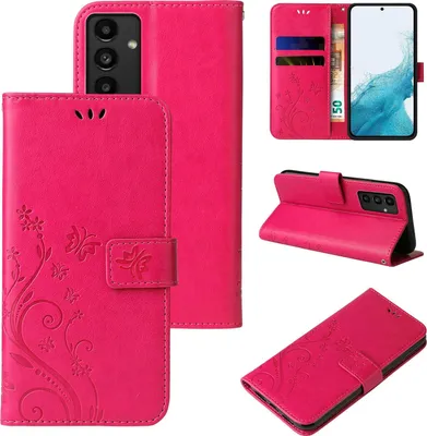 Collage of images showing a pink floral butterfly flip case for a Samsung Galaxy A54 5G phone.