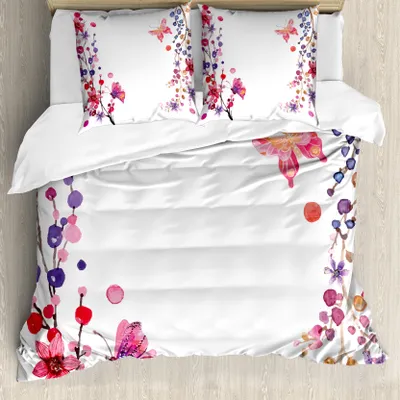 Produktbild von ABAKUHAUS Schmetterling Bettbezug, Floral Art und Schmetterling, Milbensicher Allergiker geeignet mit Kissenbezügen, 155 cm x 220 cm - 80 x 80 cm, Rosa, Lila, Weiß