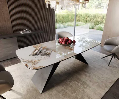 Produktbild von DELIFE Esstisch Edge Boot 200x100 Keramik Minas Melange Weiß-Beige V-Gestell Flachstahl Schwarz