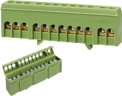 Two green terminal blocks are shown against a white background. One is a long block with multiple connection points, and the other is a smaller, open block showing screws inside.