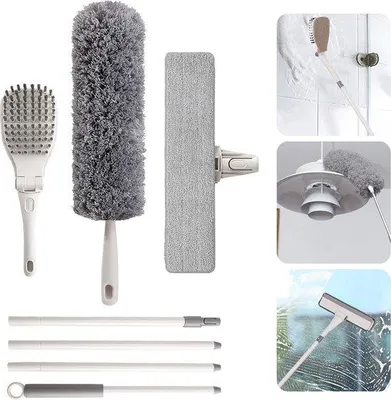 Image de Kit de nettoyage télescopique Unyqoos® : chiffon en microfibre lavable de 56 cm, raclette de 28 cm avec joint en caoutchouc, tige télescopique de 160 cm, articulation à 360°