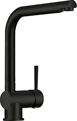 A black kitchen faucet against a white background.