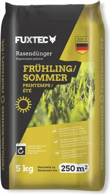 Produktbild von FUXTEC Rasendünger Frühling/Sommer FX-RDFS5 | stickstoffbetonter Rasendünger | 5 kg für ca. 250 m² | Langzeitwirkung |  Germany