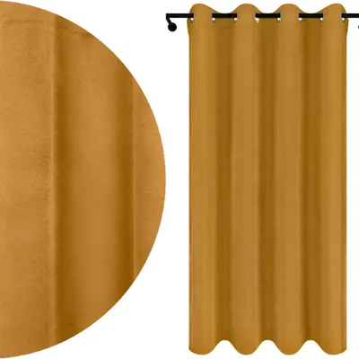 A close-up view of a mustard yellow curtain fabric and a full view of a mustard yellow curtain hanging on a curtain rod.