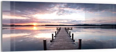 Produktbild von DEQORI Glasbild Echtglas 150x60 cm 'Steg bei Sonnenuntergang' Wandbild Bild modern Deko