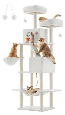 Produktbild von Kratzbaum - Kletterbaum für Katzen - 206 cm Hoch - XXL - 13 Kratzsäulen - 2 Plattformen - 2 Höhlen - Hängemulde - Cremeweiß