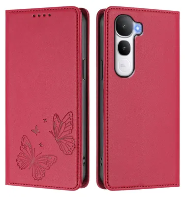 Immagine prodotto di Custodia in pelle per Vivo Y400 4G/Vivo Y400 5G, con motivo a farfalla, custodia a portafoglio con supporto, rossa