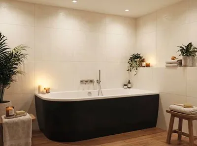 Produktbild von form&style Badewannen Set SANSIBAR 75 x 160 cm Rundung links Montage in Ecke rechts Wanne weiß glänzend Schürze schwarz