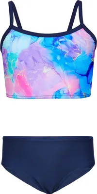 Produktbild von Aquarti Mädchen Bikini Set Bustier Bikinislip Zweiteiliger Badeanzug, Farbe: 038B Tie Dye Dunkelblau / Lila / Rosa, Größe: 146