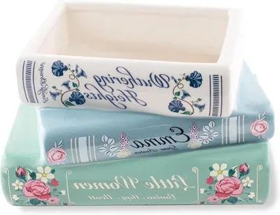 Produktbild von Kleine keramische boekvormige plantenbak voor klassieke boekenplankdecoratie met unieke titels.