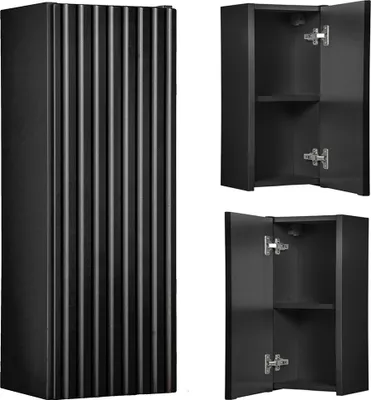 A black wall cabinet is shown from different angles.