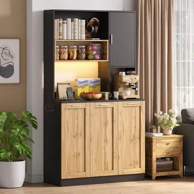 Produktbild von MODFU Küchenschrank 100 x 40 x 180 cm,Hochschrank Buffetschrank mit Stauraum, Vorratsschrank Mehrzweckschrank mit LED und Steckdose,Natur + Schwarz
