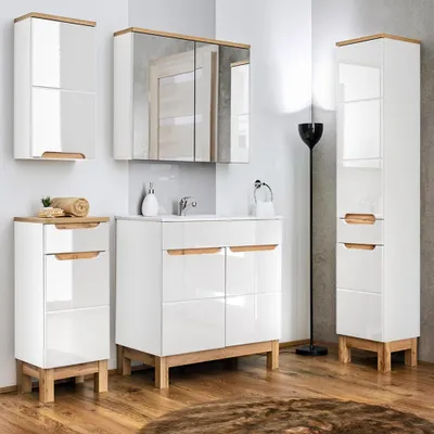 Produktbild von Komplett Badmöbel Set 5-teilig 60 cm mit Keramikwaschtisch SOLNA-56 Hochglanz weiß inkl. Standfüßen BxHxT ca.: 160 x 200 x 45 cm