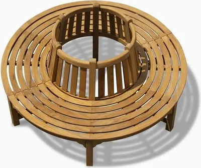 A round wooden bench designed to fit around a tree trunk.