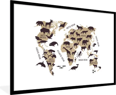 Produktbild von MuchoWow® MuchoWow® Gerahmtes Poster Weltkarte - Braun - Tiere 90x60 cm - Poster mit zchwarzem Bilderrahmen - Wanddekoration - Fotos