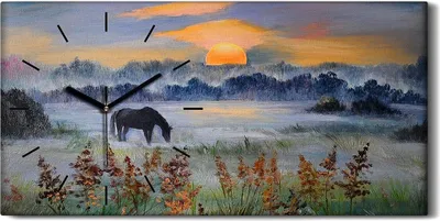 Produktbild von Küchenuhr Bürouhr Leinwand Uhr 60x30 Ölgemälde Wiese Tier Pferd Sonnenuntergang - schwarze Hände