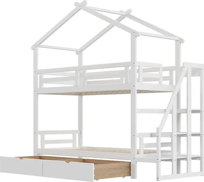 Produktbild von Kinderbett 90*200cm,Etagenbett mit Stauraumleiter,mit Schubladen,Massivholz-Etagenbettgestell,Lattenrost