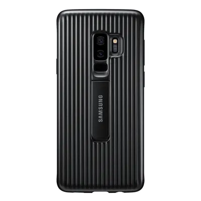 A black Samsung phone case with a kickstand is shown against a white background.