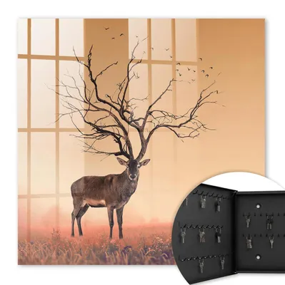 Produktbild von Metall Schlüsselkasten 30 x 30 cm - schwarzer Schlüsselschrank zur Wandmontage - wandhängende Schlüsselbox mit Tür - nach links öffnend - Schlüsselaufbewahrung für Flur - Büro - Arbeitszimmer - Werkstatt - Garage - Magischer Hirsch