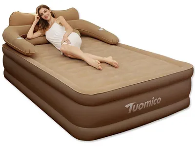 Produktbild von Camping Luftbett 2 Personen - Aufblasbare Matratze mit Rückenlehne - 203x152x48 cm - Für Indoor und Outdoor - Flockige PVC-Oberfläche - Braun