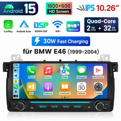 Obrázok produktu pre 10,26-palcové autorádio s Androidom 15, 2+32 GB, CarPlay, Android Auto, GPS navigácia, WiFi, Bluetooth, DSP, RDS, určené pre BMW 3 (E46) modely z rokov 1998–2006, Obrázok generovaný UI