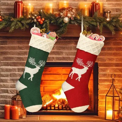 Weihnachtsstrümpfe, Set mit 2, groß, gestrickt, rot/grün, 48 cm