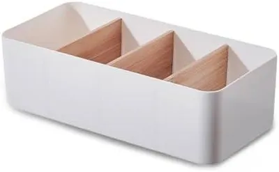 Produktbild von 4‑Fächer multifunktionaler Bambus Schreibtisch‑Organizer mit Stifthalter & Fernbedienungshalter, herausnehmbare Fächer für Stifte & Kosmetika (Weiß)