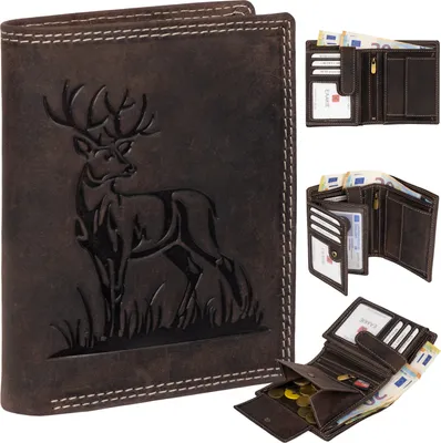 Produktbild von RFID Büffel Echt Leder Geldbörse Portemonnaie Herren mit geprägtem Motiv  Braun Hochformat Hirsch