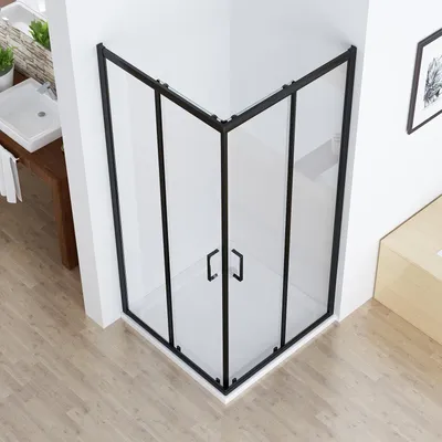 Produktbild von MIQU Duschkabine Eckeinstieg 90x90x185 cm  Duschwand mit Doppel Schiebetür Schwarz Rollen, 6mm ESG Sicherheitsglas, Schiebetüren Glas komplett Dusche