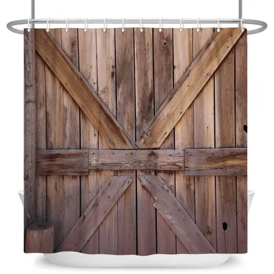 Produktbild von 165 x 183 cm Duschvorhang mit Holzboden-Optik, rustikal braun, Vintage-Stil, Landhausstil, Scheunentor-Optik, Polyester, mit Haken