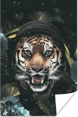 Produktbild von MuchoWow® Poster Blumen - Tiger - Raubtier 120x180 cm - Kunstposter