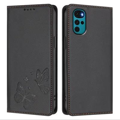 Produktbild von Lederhülle für Motorola Moto G22 / Moto E22s, Schmetterling Prägung Leder Brieftasche Schutzhülle mit Ständer Schwarz