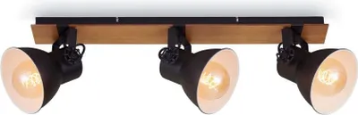 A three-light track spotlight fixture with black metal shades and a wooden beam.