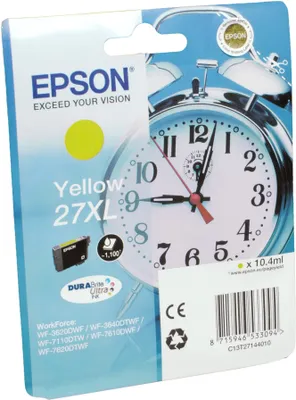 Produktbild von Epson Alarm clock Singlepack Yellow 27XL DURABrite Ultra Ink, High (L) Yield, Gelb, Tinte auf Pigmentbasis, 10,4 ml, 1 Stück(e), Einzelpackung
