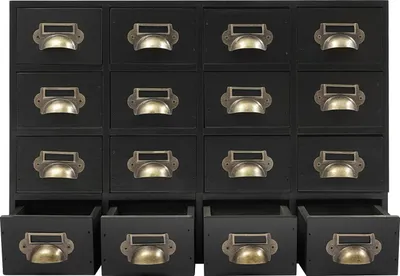 Produktbild von Holz-Aufbewahrungsschrank - Apothekerschrank mit 16 Schubladen - 50×10×35 cm - Massivholz & Sperrholz - Traglast 10 kg - Schreibtisch-Organizer - Schwarz