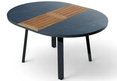 Produktbild von ALEOS. Aluminium Glas Teakholz Gartentisch rund Ausziehtisch 120/160 x 120 cm oval Tisch Esstisch Teaktisch TRINIDAD mit Ausziehfunktion