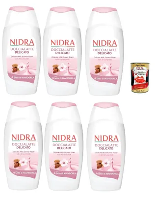 Produktbild von Nidra Doccialatte Delicato Duschgel Hilft, die Haut mit Feuchtigkeit zu versorgen und zu reinigen mit Milchproteine und Mandelmilch 6x 250ml + Italian Gourmet polpa 400g