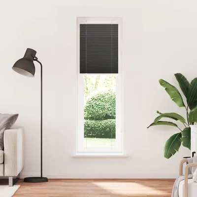 A tall, narrow window with black blinds is shown in the center of the image. A floor lamp is on the left, and a large potted plant is on the right. The scene is set in a room with white walls and wooden flooring.